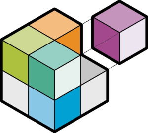 Collection of cubes with one being added to make a block